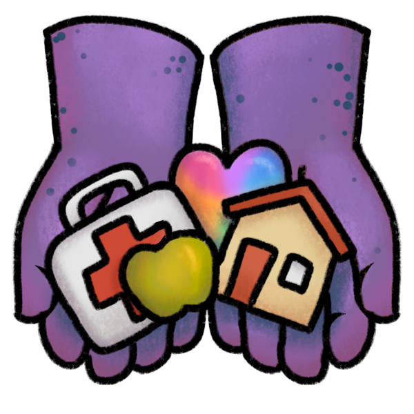  A pair of purple hands viewed from above, offering a green apple, a first aid kit, a small house, and a rainbow heart.